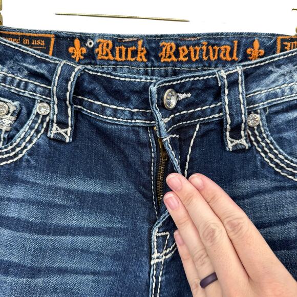 Rock Revival Kai Sequin Embellished Stitching Dark Wash Denim Crop Capri Jeans - Picture 7 of 10